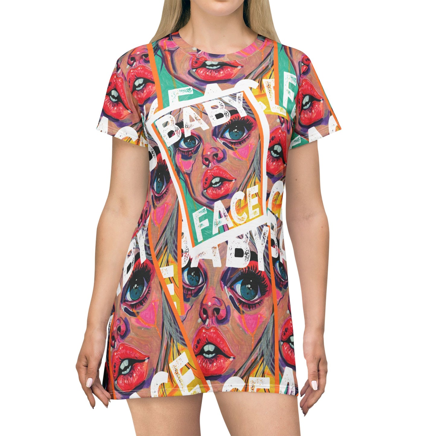 Pop Art 'Baby Face' All-Over Print T‑Shirt Dress