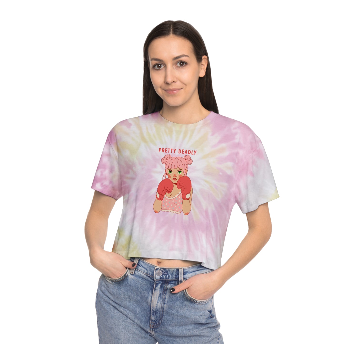 Pretty Deadly Tie-Dye Crop Tee — Women's Graphic Boxy Tee with Boxing Girl Design