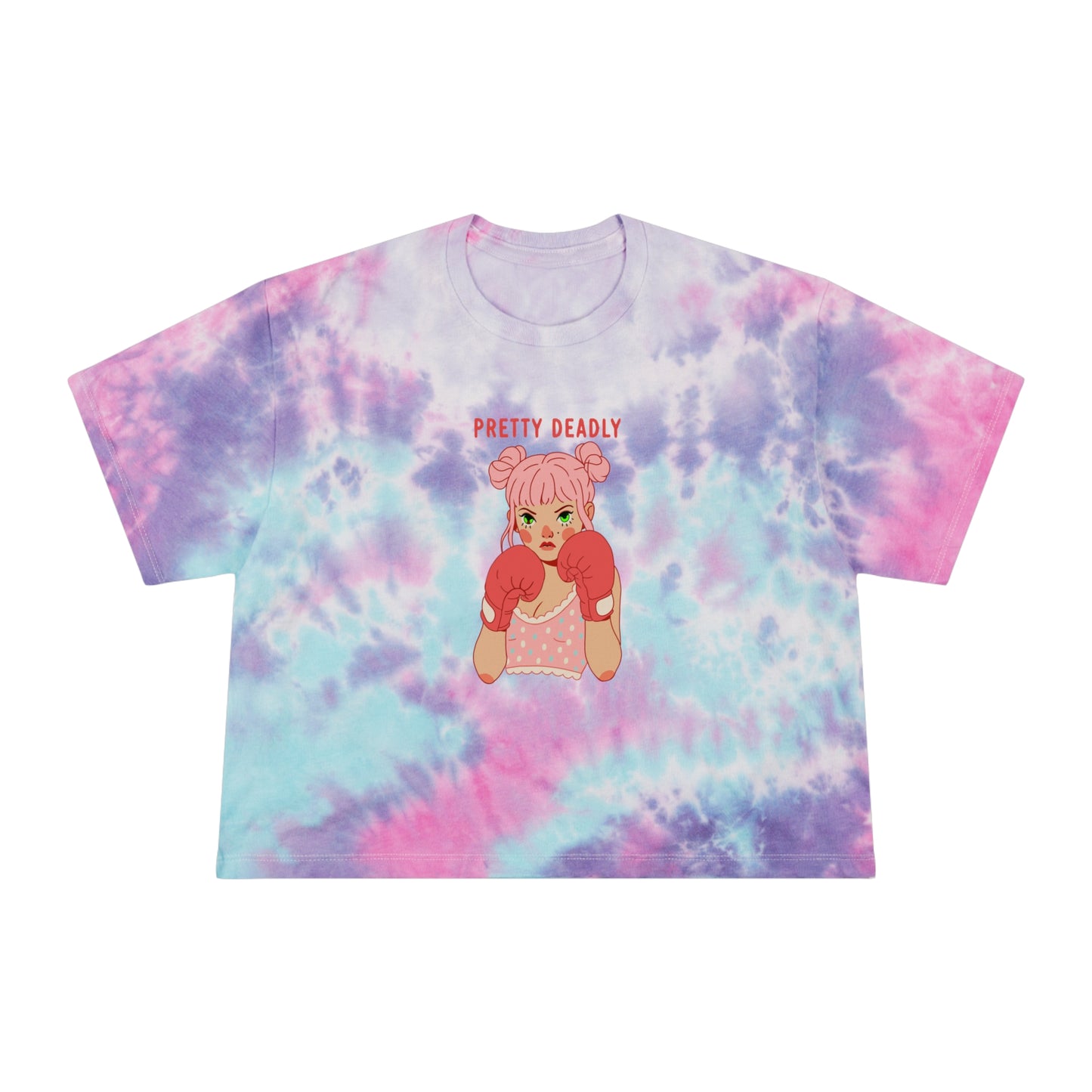 Pretty Deadly Tie-Dye Crop Tee — Women's Graphic Boxy Tee with Boxing Girl Design