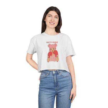 Pretty Deadly Crop Tee — Cute Pink Boxer Graphic Women's Crop Top