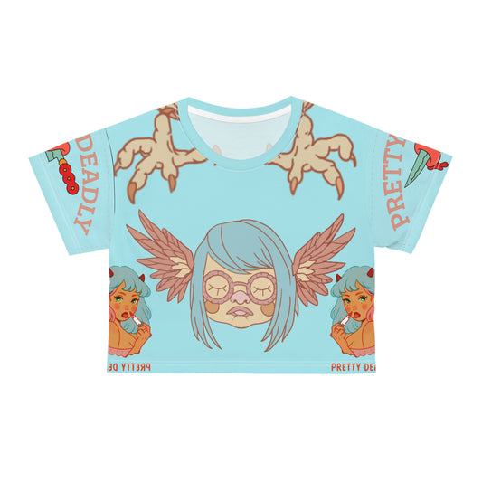 Pretty Deadly Winged Mask Crop Tee — Retro Kawaii Graphic Crop Top