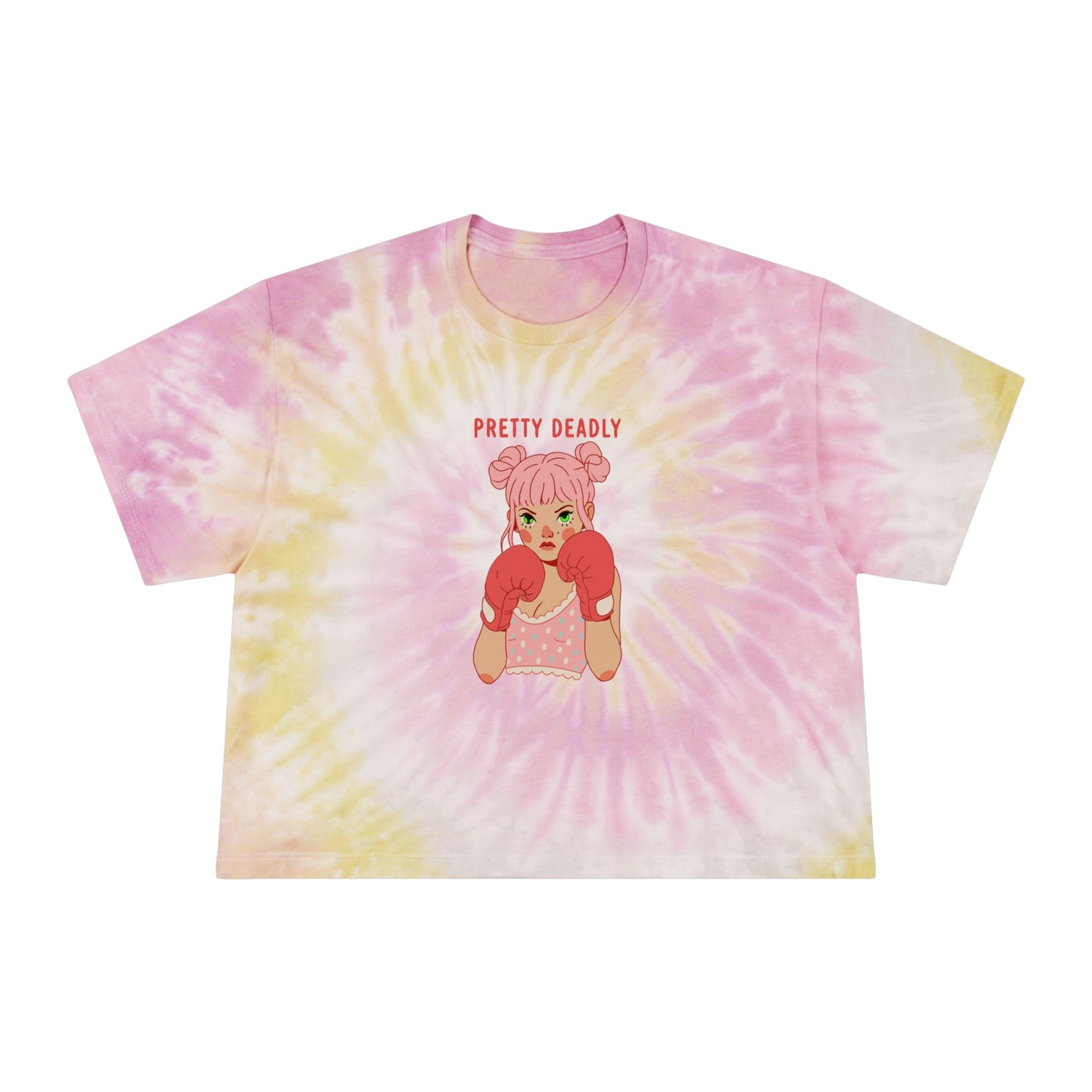 Pretty Deadly Tie-Dye Crop Tee — Women's Graphic Boxy Tee with Boxing Girl Design