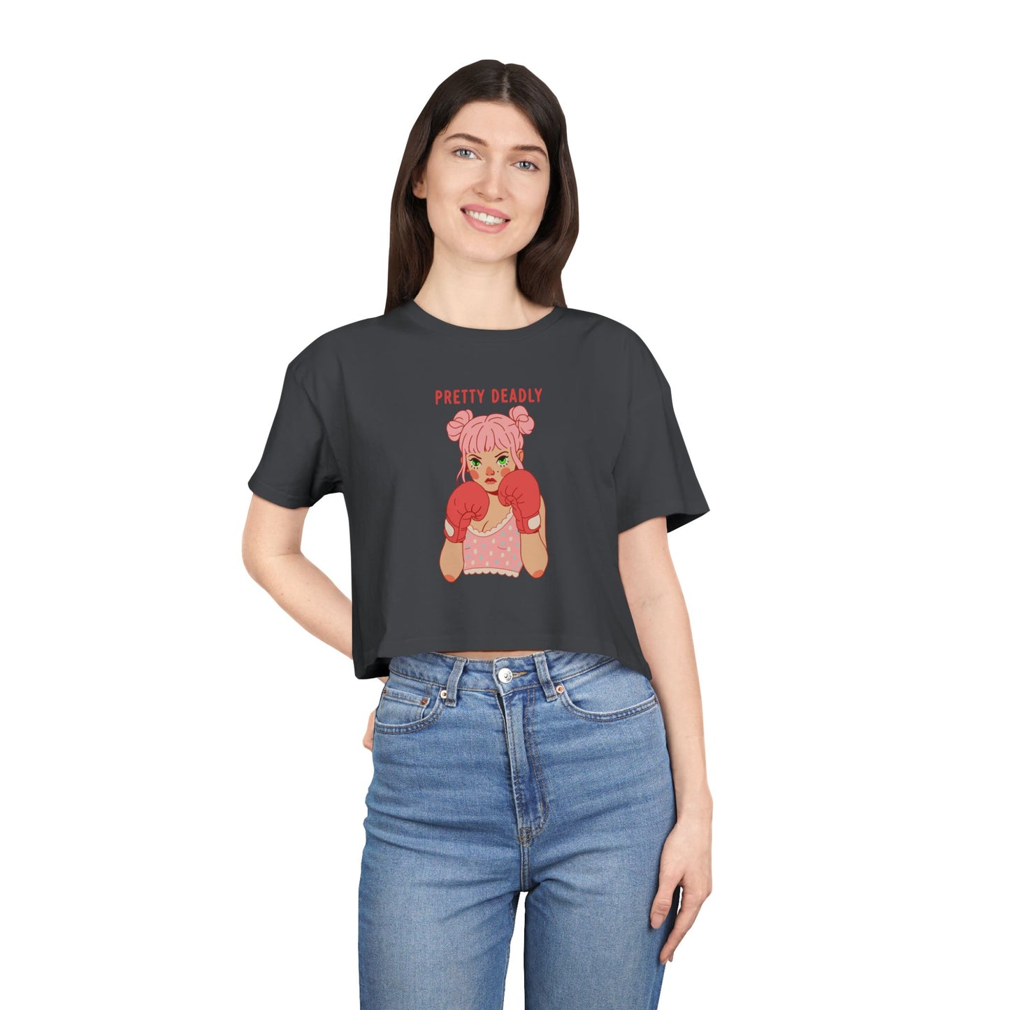 Pretty Deadly Crop Tee — Cute Pink Boxer Graphic Women's Crop Top