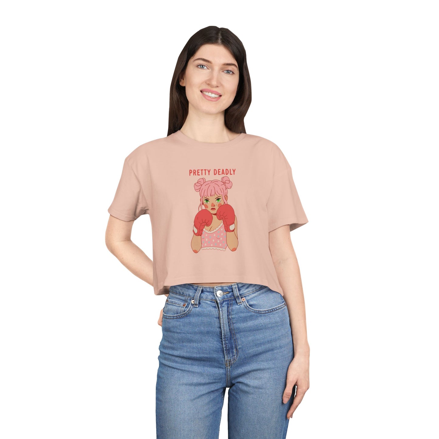 Pretty Deadly Crop Tee — Cute Pink Boxer Graphic Women's Crop Top