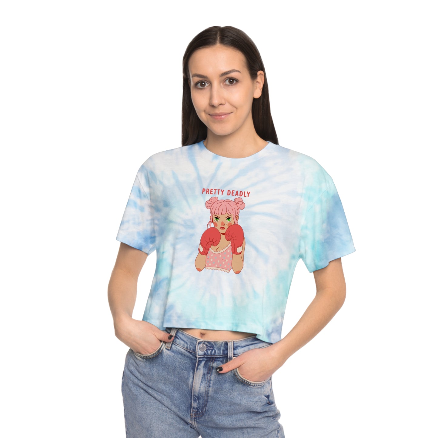 Pretty Deadly Tie-Dye Crop Tee — Women's Graphic Boxy Tee with Boxing Girl Design