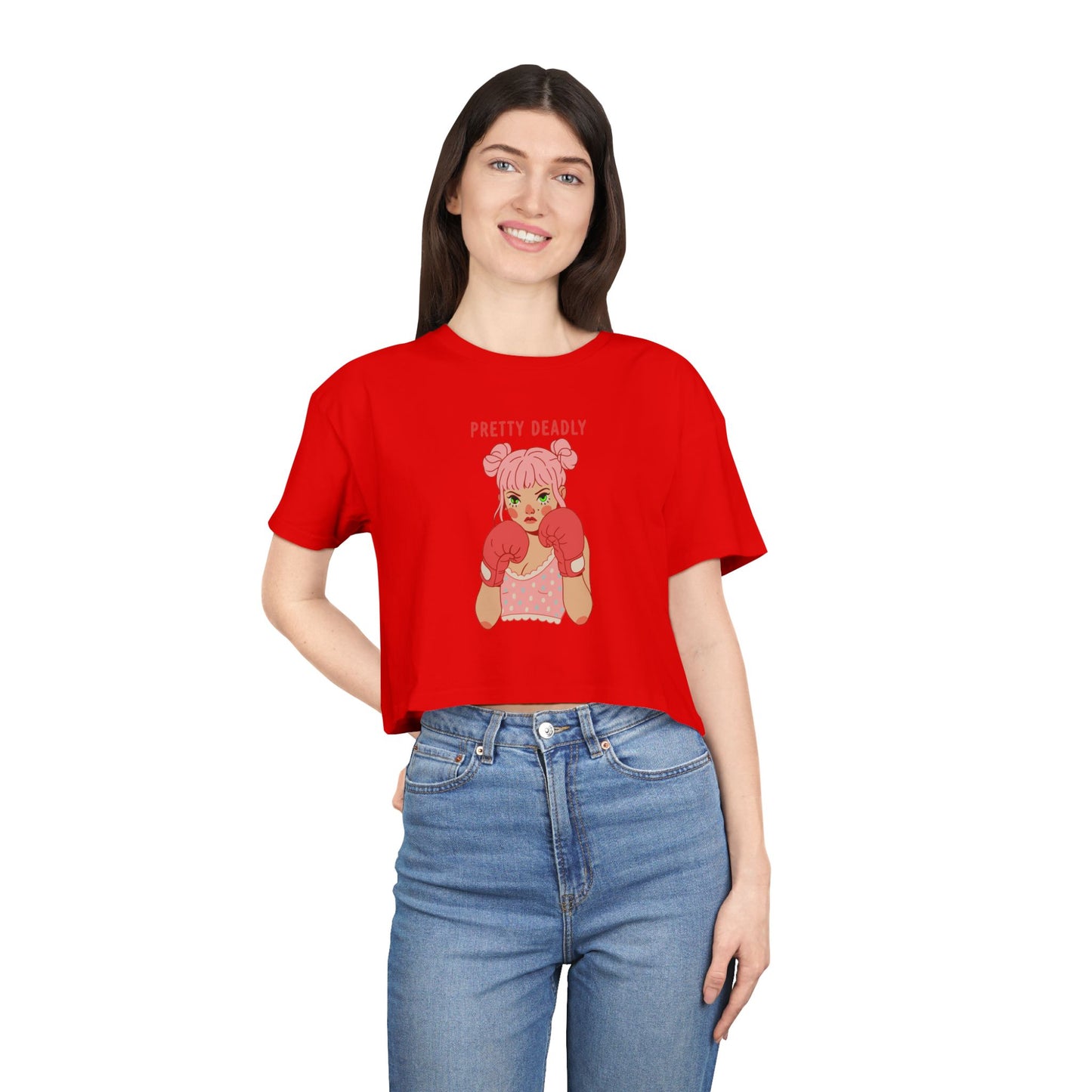 Pretty Deadly Crop Tee — Cute Pink Boxer Graphic Women's Crop Top