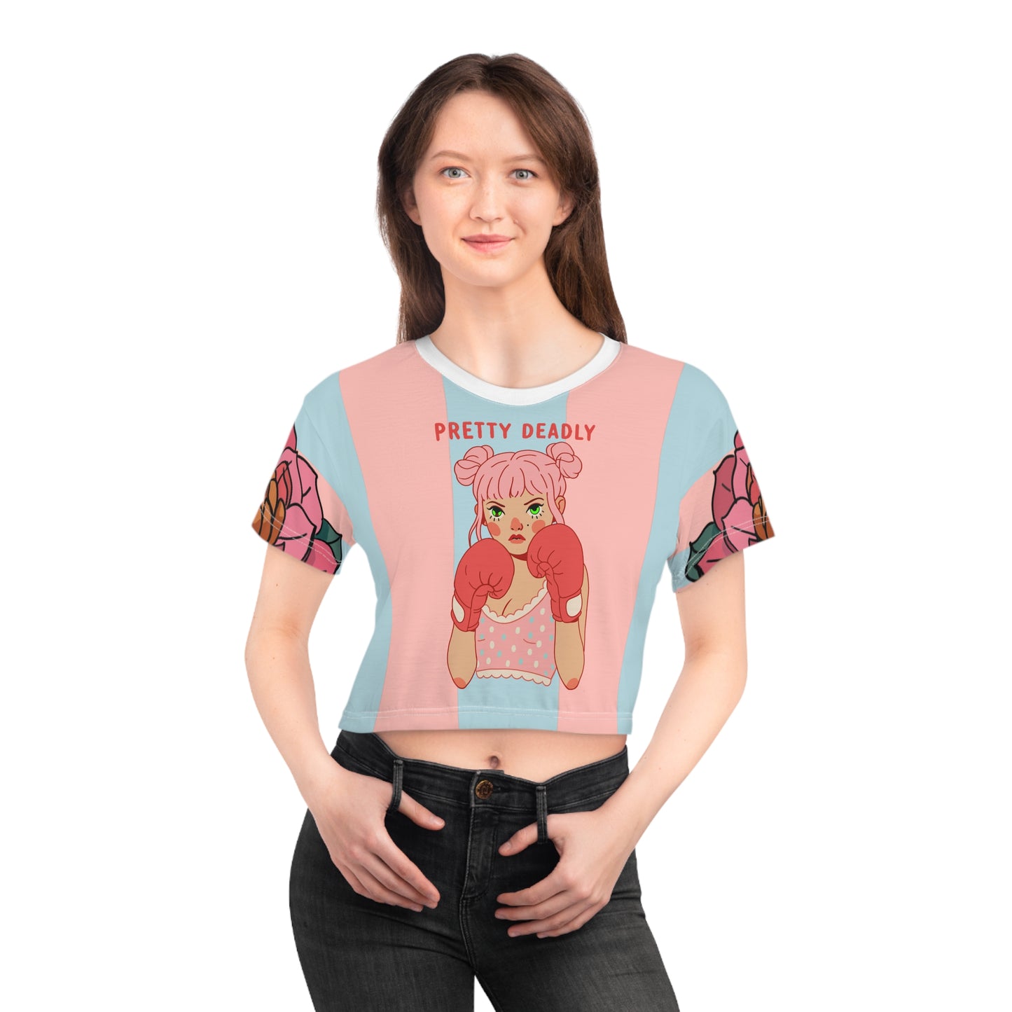 Pretty Deadly Crop Tee — Pink Retro Boxer Girl Graphic