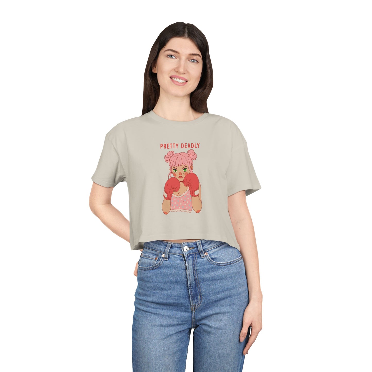Pretty Deadly Crop Tee — Cute Pink Boxer Graphic Women's Crop Top