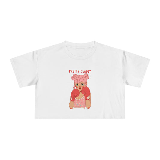 Pretty Deadly Crop Tee — Cute Pink Boxer Graphic Women's Crop Top