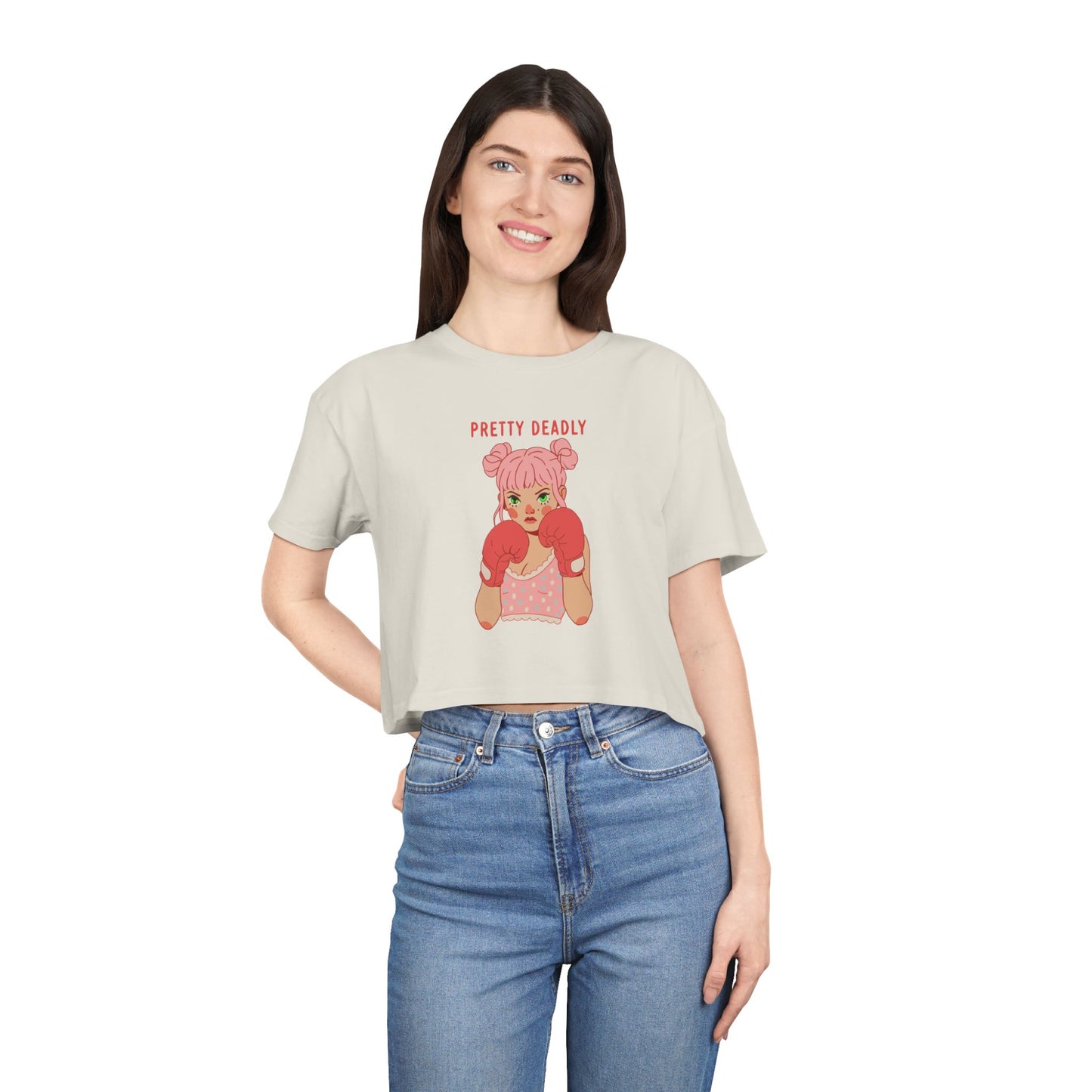 Pretty Deadly Crop Tee — Cute Pink Boxer Graphic Women's Crop Top