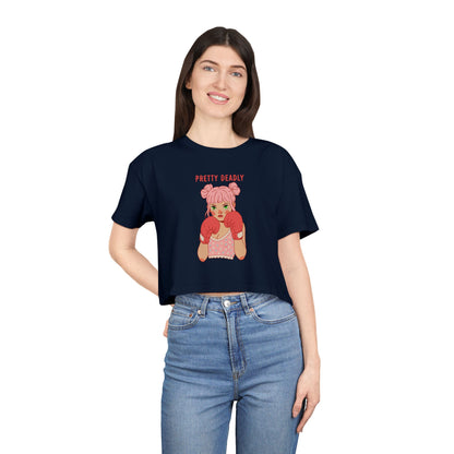 Pretty Deadly Crop Tee — Cute Pink Boxer Graphic Women's Crop Top